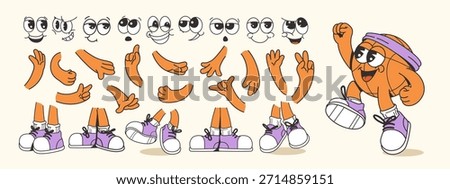 Cartoon basketball character creator set with various facial expressions, hand gestures, and shoe styles on a light background. Concept of sports mascot. Vector illustration