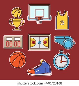 Cartoon basketball equipment icon set with outline