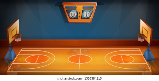 cartoon basketball field with scoreboard, vector illustration