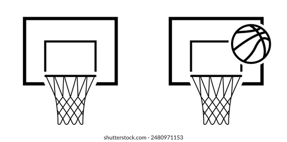 Cartoon basketball hoop or basketball net and board. Game sports concept. Ball sport is a team sport. Flat vector icon. Basket Balls sign leather pattern Foor court games.