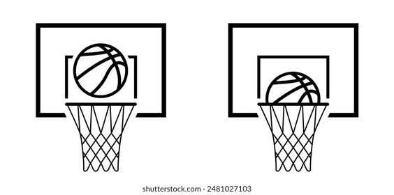 Cartoon basketball hoop or basketball net and board. Game sports concept. Ball sport is a team sport. Flat vector icon. Basket Balls sign leather pattern For court games.