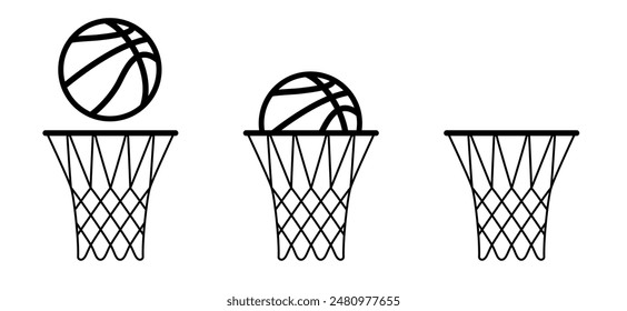 Aro de baloncesto o red de baloncesto. Concepto de deportes de juego. El deporte de pelota es un deporte de equipo. Vector plano. Las bolas de la cesta firman el patrón de cuero para los juegos de la cancha.