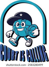Cartoon basketball mascot with  Court is Calling  text  Playful  sporty  and fun vector design for basketball projects