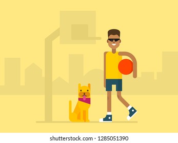 Cartoon basketball player with his dog near basketball hoop on the city background. Flat illustration.