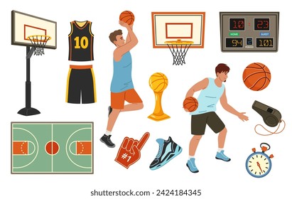 Cartoon basketball. Player jersey, basketball hoop and ball, dribbling and shooting, fan foam finger, sports trophy and scoreboard vector illustration set. Championship equipment and clothes