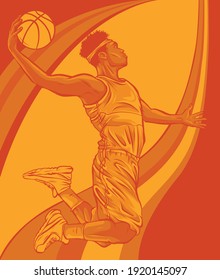 cartoon basketball player jump with the ball