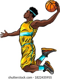 el jugador de baloncesto de dibujos animados se mueve dribble con un vector de sonrisa