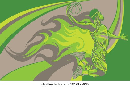 cartoon basketball player is moving dribble with flames