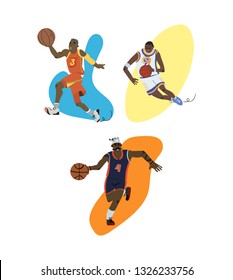 Cartoon basketball players set dribbling and possesion set vector