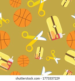 Cartoon Basketball, Scissors, Lunch Box. Seamless Vector Pattern Design Background