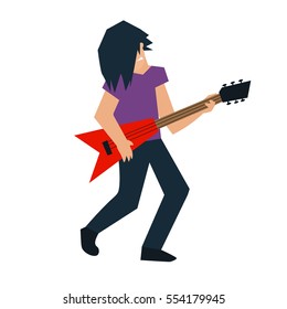 Cartoon Bass Guitar Player Rock Band Star Flat Design Style. Vector illustration