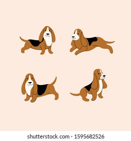 Cartoon basset hound sketch line icon. Cute dog icons set. Childish print for nursery, kids apparel, poster, postcard, pattern.