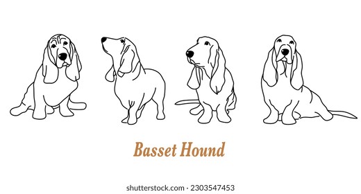 Cartoon basset hound sketch line icon. Cute dog icons set. Childish print for nursery, kids apparel, poster, postcard, pattern.