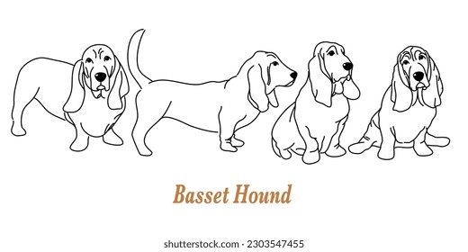 Cartoon basset hound sketch line icon. Cute dog icons set. Childish print for nursery, kids apparel, poster, postcard, pattern.