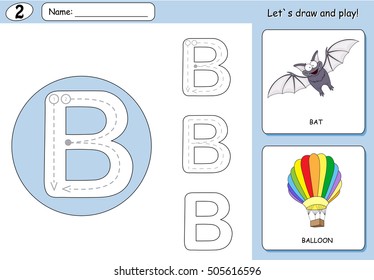 Cartoon bat and balloon. Alphabet tracing worksheet: writing A-Z, coloring book and educational game for kids svg