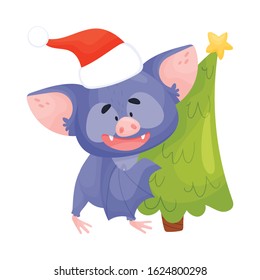 Cartoon Bat Carrying Christmas Tree Vector Illustration