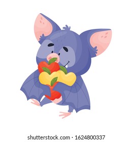 Cartoon Bat Character Carrying Pile of Apples Vector Illustration