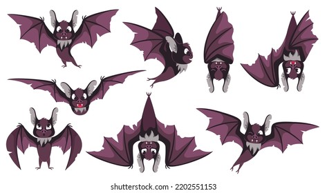 Cartoon bat character. Scary night vampire animal, flying bats in different poses and halloween mascot vector illustration set of bat scary and vampire cartoon