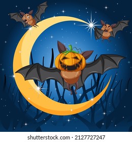 Cartoon bat with crescent moon background illustration