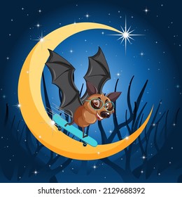 Cartoon bat with crescent moon background illustration