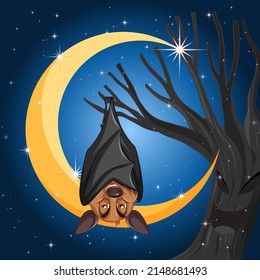 Cartoon bat with crescent moon background illustration