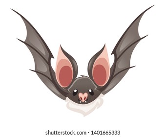 Cartoon bat. Cute vampire bat, flying mammal. Flat vector illustration isolated on white background. Cartoon character design. Bat fly, front view.