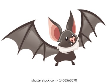 Cartoon bat. Cute vampire bat, flying mammal. Flat vector illustration isolated on white background. Cartoon character design. Bat flapping wing, waving hand.