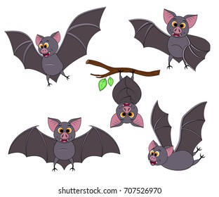 Cartoon bat in different poses. Halloween elements set. Collection of flying bats. Vector clip art illustration isolated on white background.