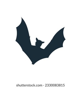Cartoon bat flies spreading its wings. Black silhouette of halloween bat. Vector icon illustration isolated on white background