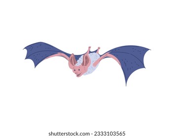 Moscas de murciélago de caricatura esparciendo sus alas. Murciélago de halloween de color gris y rosa. Ilustración de icono del vector aislada en fondo blanco. Halloween, elemento de diseño de vida salvaje.