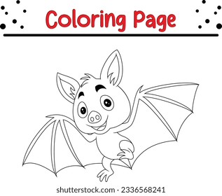 Cartoon bat flying isolated on white background. Halloween coloring page for children. Black and white vector illustration for coloring book