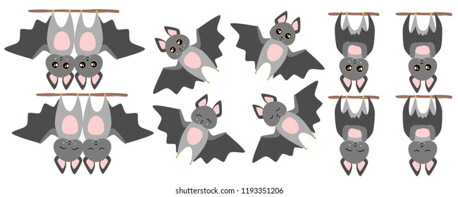 Cartoon Bat hanging on the tree and flying bat. Set Halloween Vector illustration