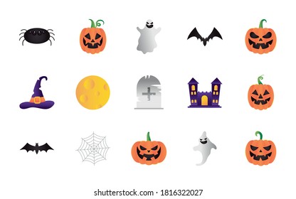 cartoon bat and happy halloween icon set over white background, colorful design, vector illustration