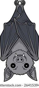 Cartoon bat illustration hanging upside down with wings spread against a white background