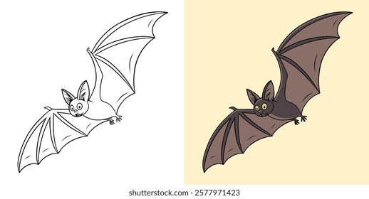 Cartoon Bat Illustration in Line Art and Colored Versions on Split Background