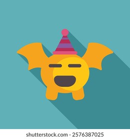 Cartoon bat like monster with party hat celebrating birthday, simple and cute design 