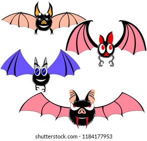 cartoon Bat, magic animal, set of different colors and shapes, different wings, eyes and mouths