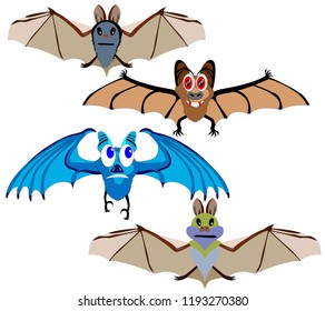 cartoon Bat, magic animal, set of different colors and shapes, different wings, eyes and mouths
