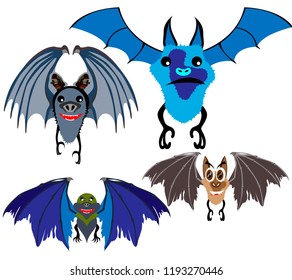 cartoon Bat, magic animal, set of different colors and shapes, different wings, eyes and mouths