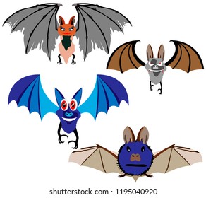 cartoon Bat, magic animal, set of different colors and shapes, different wings, eyes and mouths