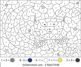 Cartoon bat in the night sky. Addition and subtraction tasks. Color by number educational game for kids