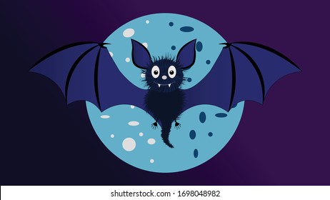 Bate de caricatura sobre el fondo de la luna llena. Murciélagos volando en el vector de fondo de la luna.