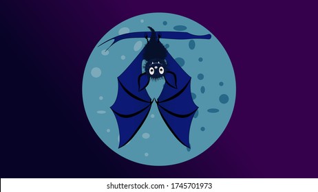 Bate de caricatura sobre el fondo de la luna llena. Murciélagos volando en el vector de fondo de la luna.