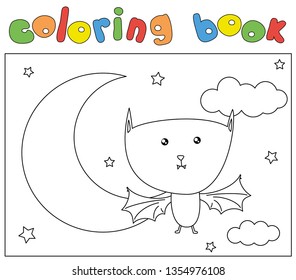 Cartoon bat on the background of a night sky, clouds, stars and moon. Coloring book for kids. Digital illustration