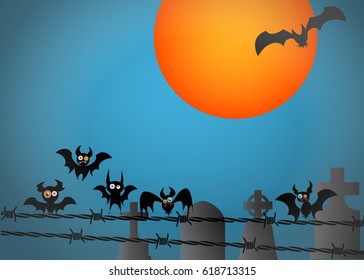 Cartoon bat on barbed wire and graves. blue and orange moon  background.halloween concept. Vector illustration