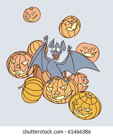 Cartoon bat is on a party with lantern pumpkins, celebrating Halloween