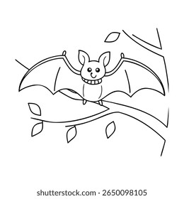 Cartoon bat with outstretched wings perched on tree branch with leaves outline