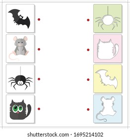 Cartoon bat, rat, spider and black cat. Educational game for kids. Choose the correct silhouettes on the opposite side 