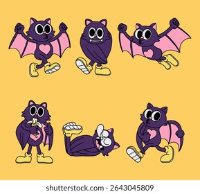 Cartoon Bat retro Character Halloween vampire cute monster mascot funny horror comic kawii animal clipart vector sticker whimsical Illustration