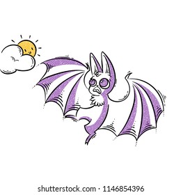 Cartoon bat screeching to the sun. Frightened animal. Vector illustration